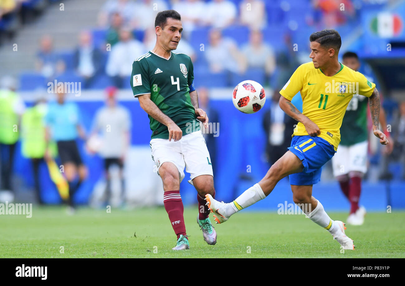 SAMARA, RUSSIA - JULY 02: Rafael Marquez of Mexico competes with Philippe Coutinho of Brazil during the 2018 FIFA World Cup Russia Round of 16 match between Brazil and Mexico at Samara Arena on July 2, 2018 in Samara, Russia. (Photo by Lukasz Laskowski/PressFocus/MB Media) Stock Photo