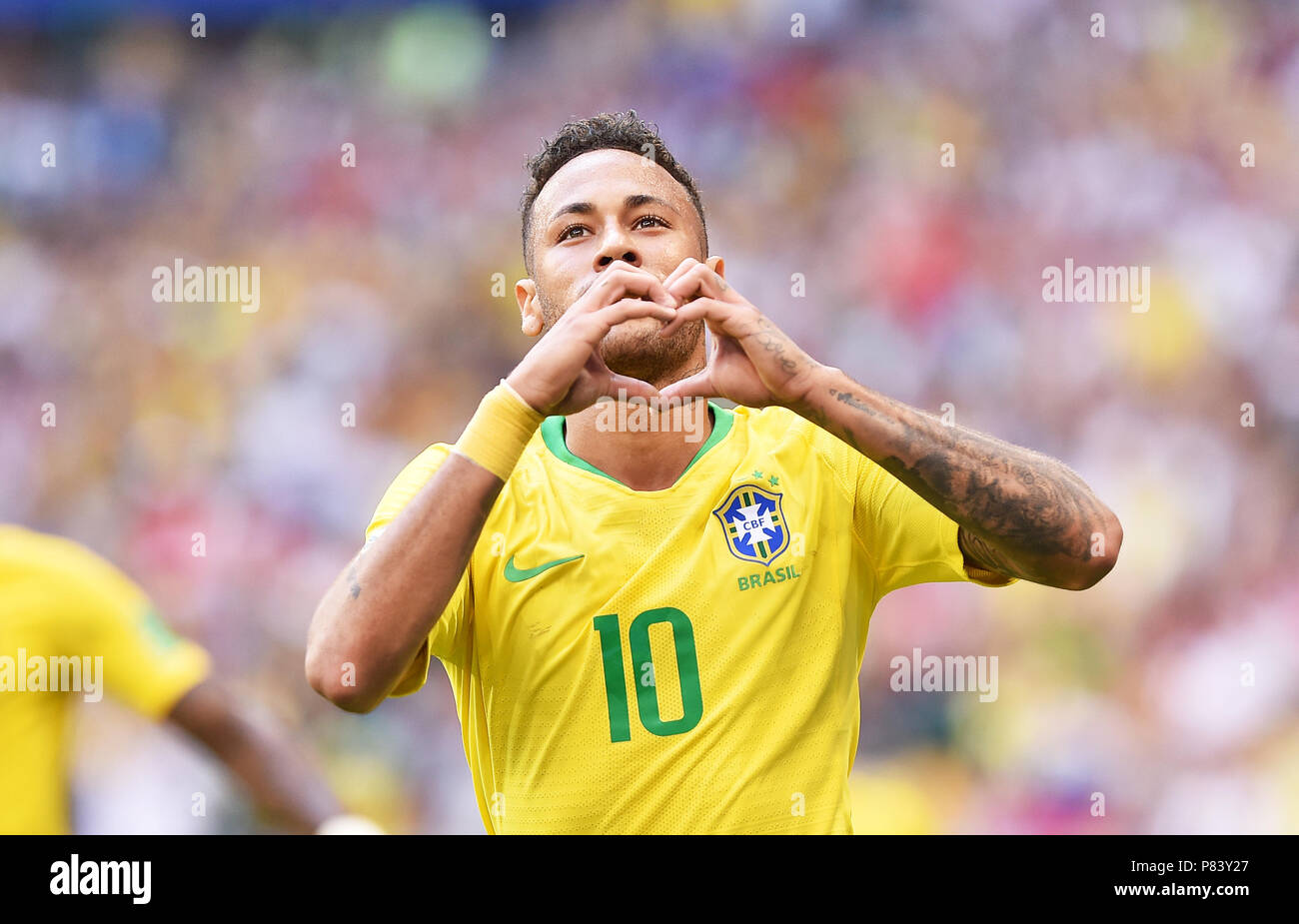 SAMARA, RUSSIA - JULY 02: Neymar of Brazil celebrates scoring a goal during the 2018 FIFA World Cup Russia Round of 16 match between Brazil and Mexico at Samara Arena on July 2, 2018 in Samara, Russia. (Photo by Lukasz Laskowski/PressFocus/MB Media) Stock Photo