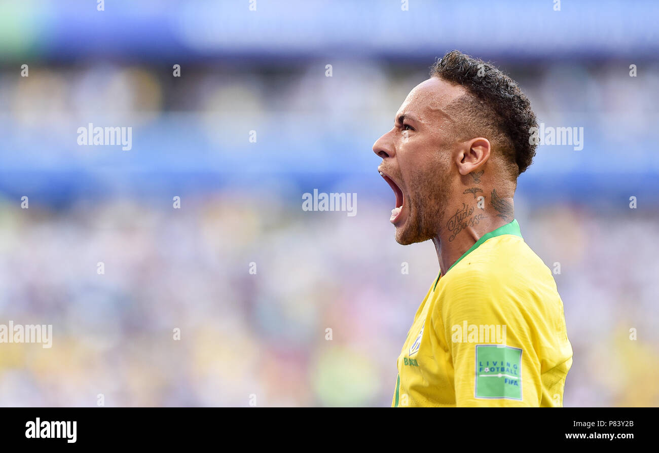 SAMARA, RUSSIA - JULY 02: Neymar of Brazil celebrates scoring a goal during the 2018 FIFA World Cup Russia Round of 16 match between Brazil and Mexico at Samara Arena on July 2, 2018 in Samara, Russia. (Photo by Lukasz Laskowski/PressFocus/MB Media) Stock Photo