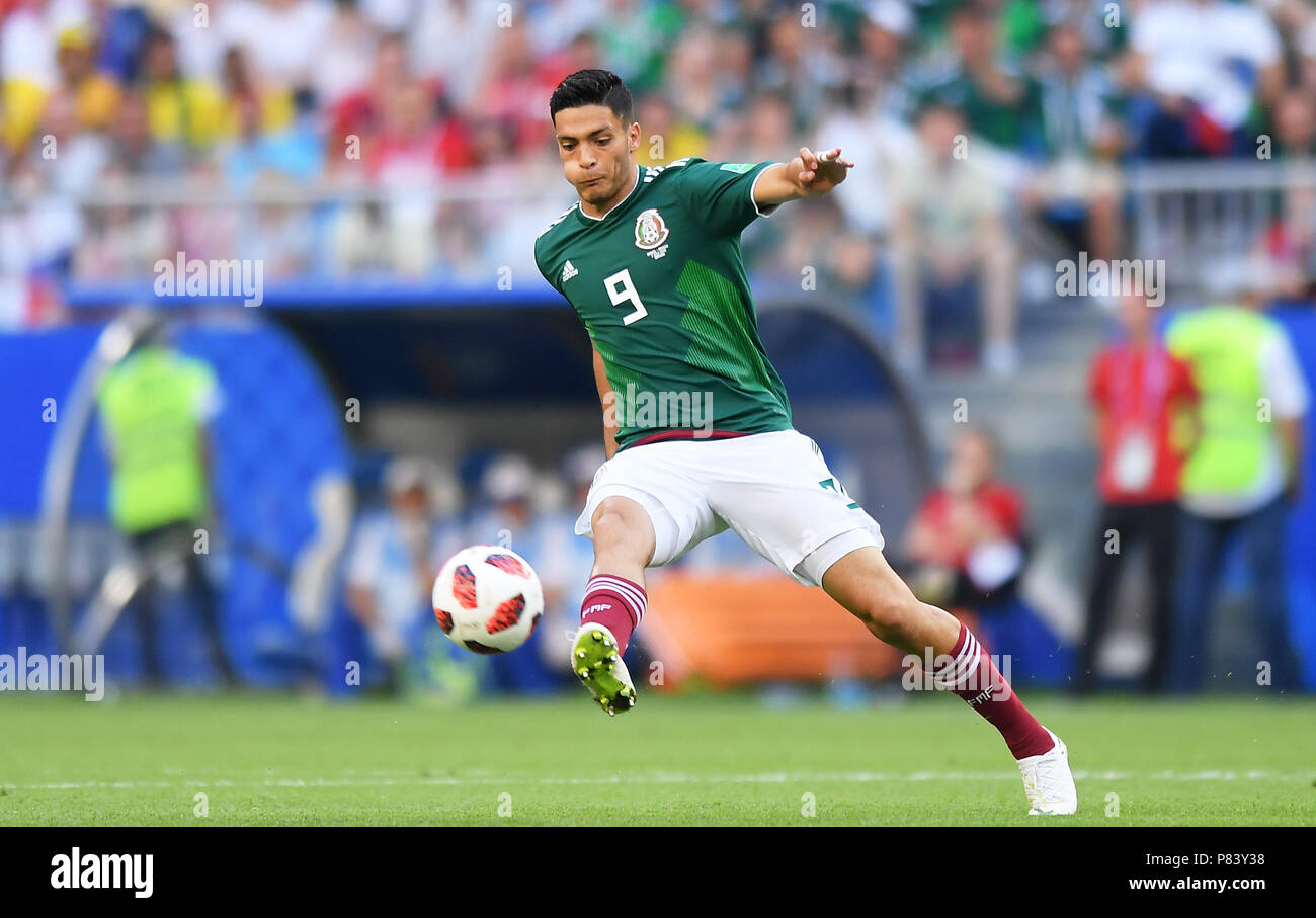 SAMARA, RUSSIA - JULY 02: Raul Jimenez of Mexico in action during the 2018 FIFA World Cup Russia Round of 16 match between Brazil and Mexico at Samara Arena on July 2, 2018 in Samara, Russia. (Photo by Lukasz Laskowski/PressFocus/MB Media) Stock Photo