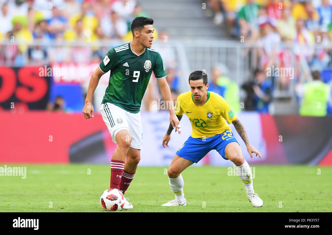 SAMARA, RUSSIA - JULY 02: Raul Jimenez of Mexico competes with Fagner of Brazil during the 2018 FIFA World Cup Russia Round of 16 match between Brazil and Mexico at Samara Arena on July 2, 2018 in Samara, Russia. (Photo by Lukasz Laskowski/PressFocus/MB Media) Stock Photo