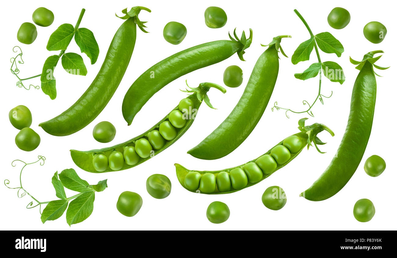 Green peas in pods set isolated on white background. With clipping path for package design Stock Photo