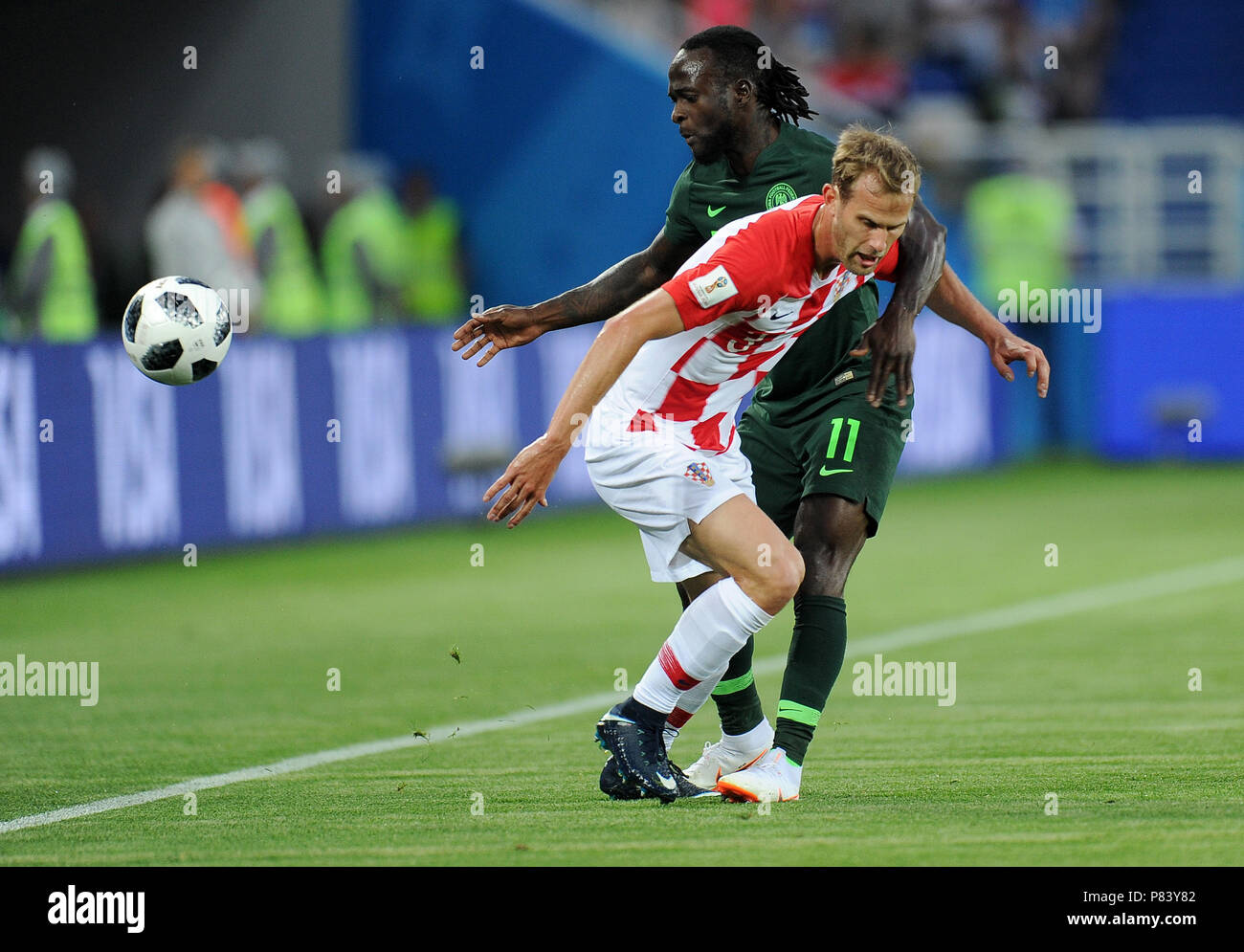 KALININGRAD, RUSSIA - JUNE 16: Ivan Strinic of Croatia competes with Victor Moses of Nigeria during the 2018 FIFA World Cup Russia group D match between Croatia and Nigeria at Kaliningrad Stadium on June 16, 2018 in Kaliningrad, Russia. (Photo by Norbert Barczyk/PressFocus/MB Media) Stock Photo