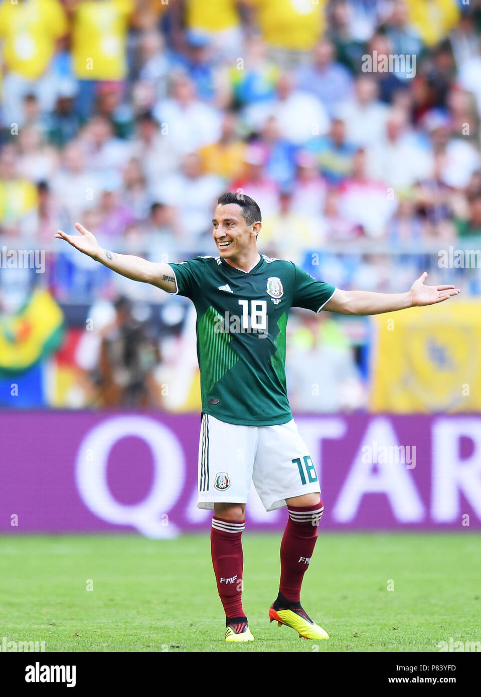 SAMARA, RUSSIA - JULY 02: Andres Guardado of Mexico reacts during the 2018 FIFA World Cup Russia Round of 16 match between Brazil and Mexico at Samara Arena on July 2, 2018 in Samara, Russia. (Photo by Lukasz Laskowski/PressFocus/MB Media) Stock Photo