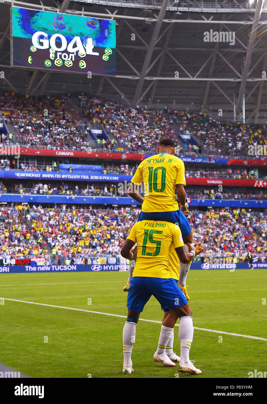 SAMARA, RUSSIA - JULY 02: Neymar and Paulinho of Brazil celebrate scoring a goal during the 2018 FIFA World Cup Russia Round of 16 match between Brazil and Mexico at Samara Arena on July 2, 2018 in Samara, Russia. (Photo by Lukasz Laskowski/PressFocus/MB Media) Stock Photo