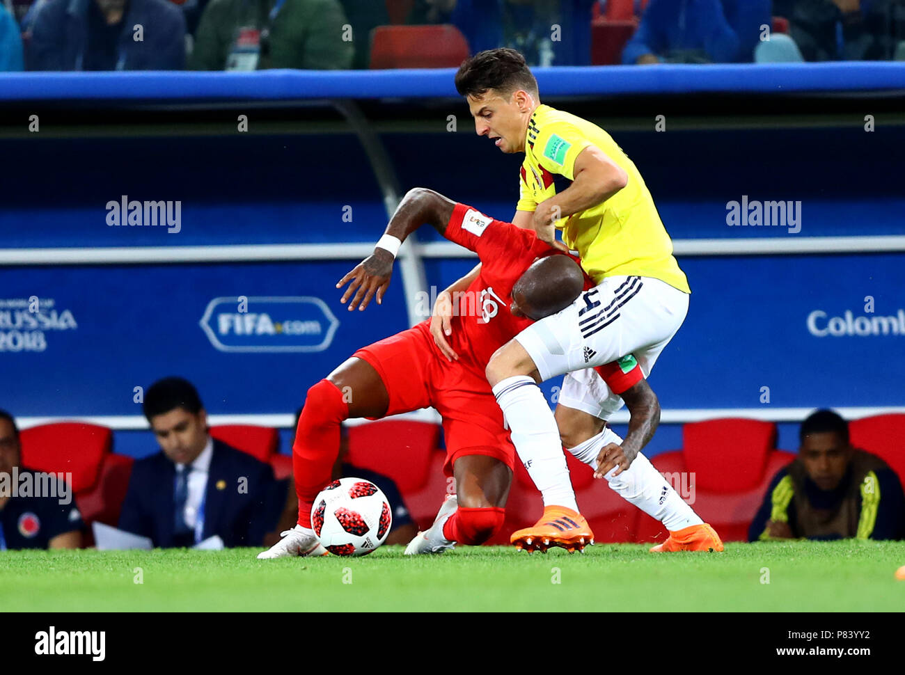 MOSCOW, RUSSIA - JULY 03:Santiago ARIAS of Colombia ,challenge with Ashley YOUNG of England during the 2018 FIFA World Cup Russia Round of 16 match between Colombia and England at Spartak Stadium  on July 3, 2018 in Moscow, Russia. (MB Media) Stock Photo