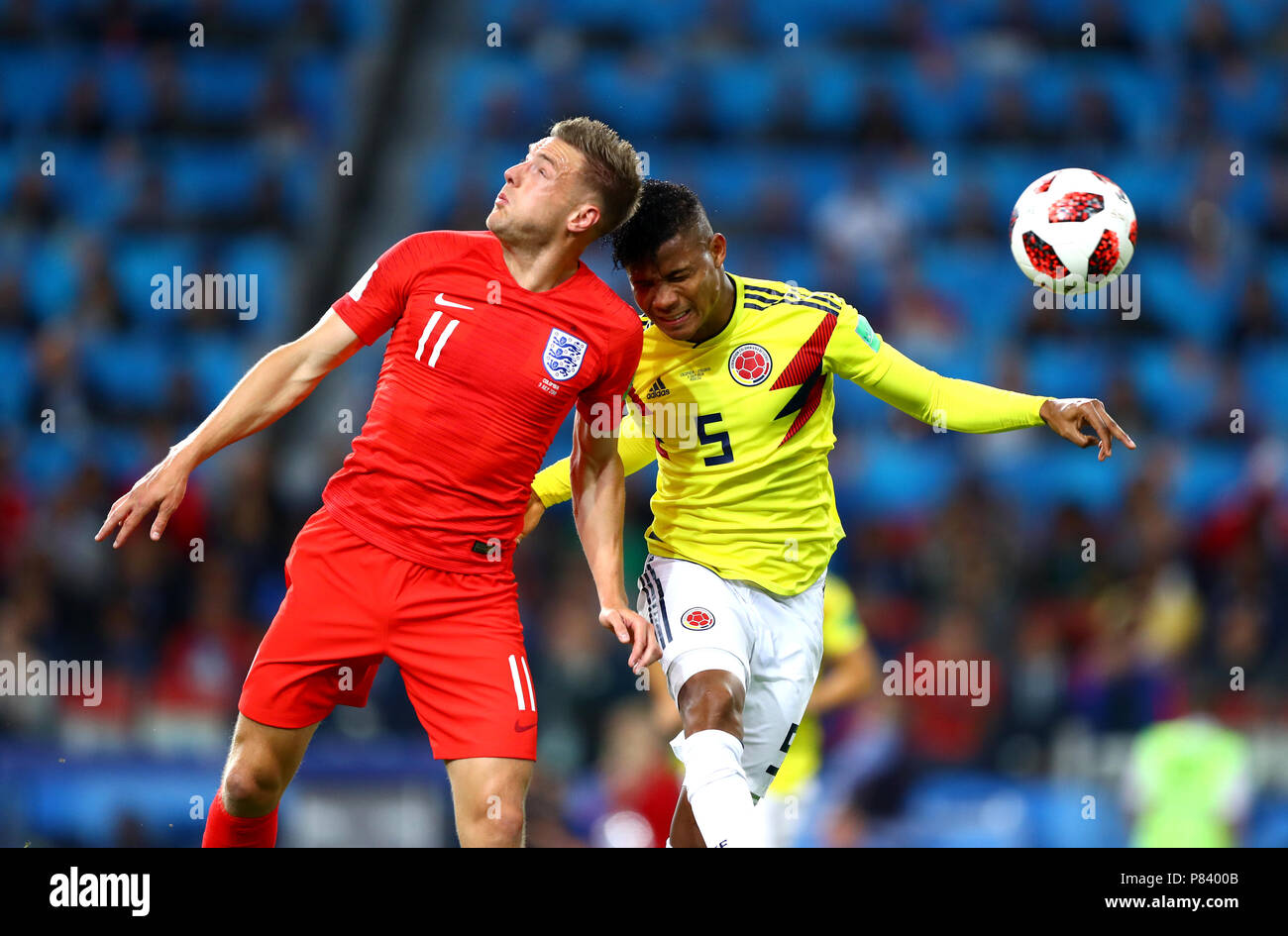 MOSCOW, RUSSIA - JULY 03:Jamie VARDY of England ,challenge with Wilmar BARRIOS of Colombia , during the 2018 FIFA World Cup Russia Round of 16 match between Colombia and England at Spartak Stadium  on July 3, 2018 in Moscow, Russia. (MB Media) Stock Photo