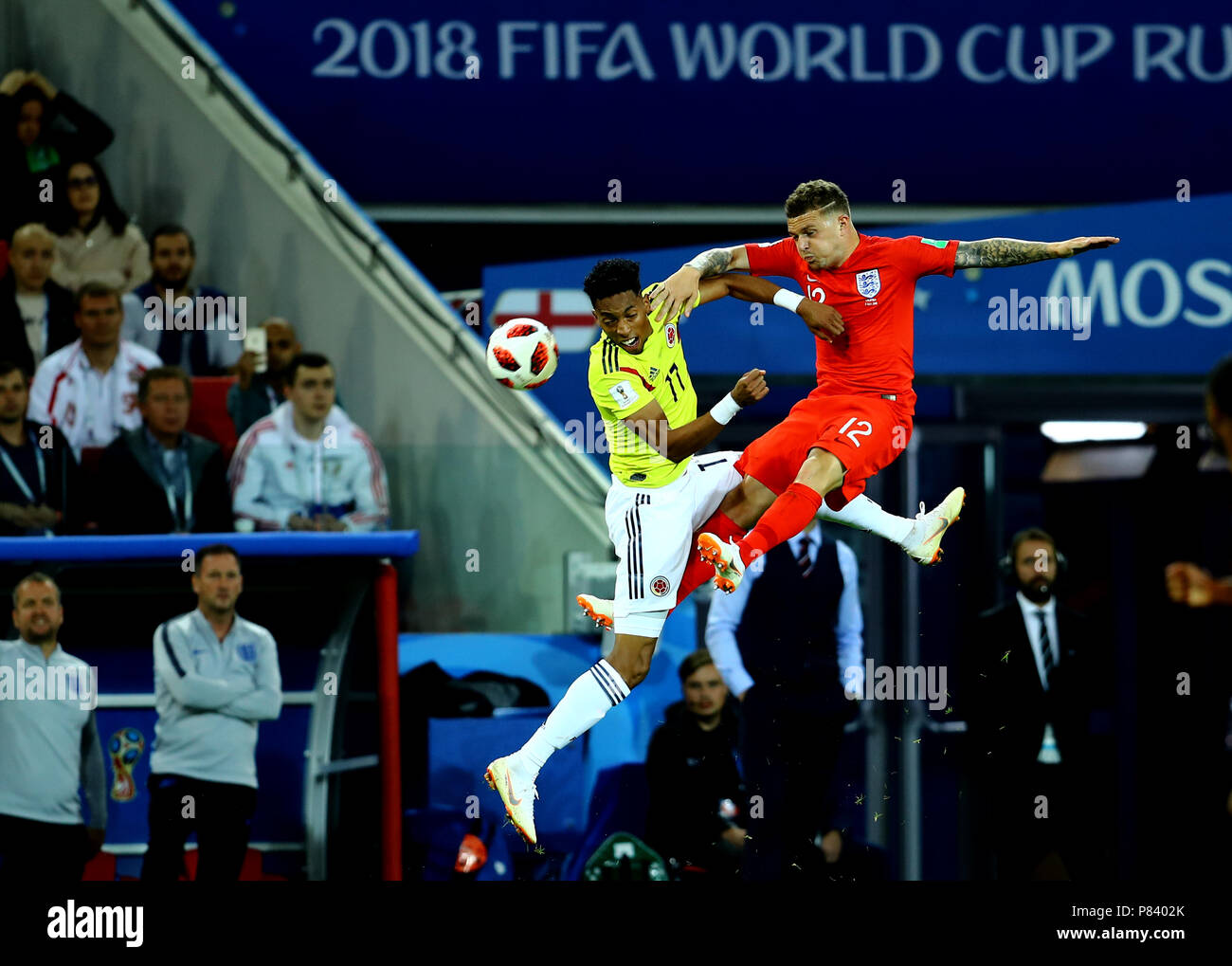 MOSCOW, RUSSIA - JULY 03:Johan MOJICA of Colombia ,challenge with Kieran TRIPPIER of England during the 2018 FIFA World Cup Russia Round of 16 match between Colombia and England at Spartak Stadium  on July 3, 2018 in Moscow, Russia. (MB Media) Stock Photo