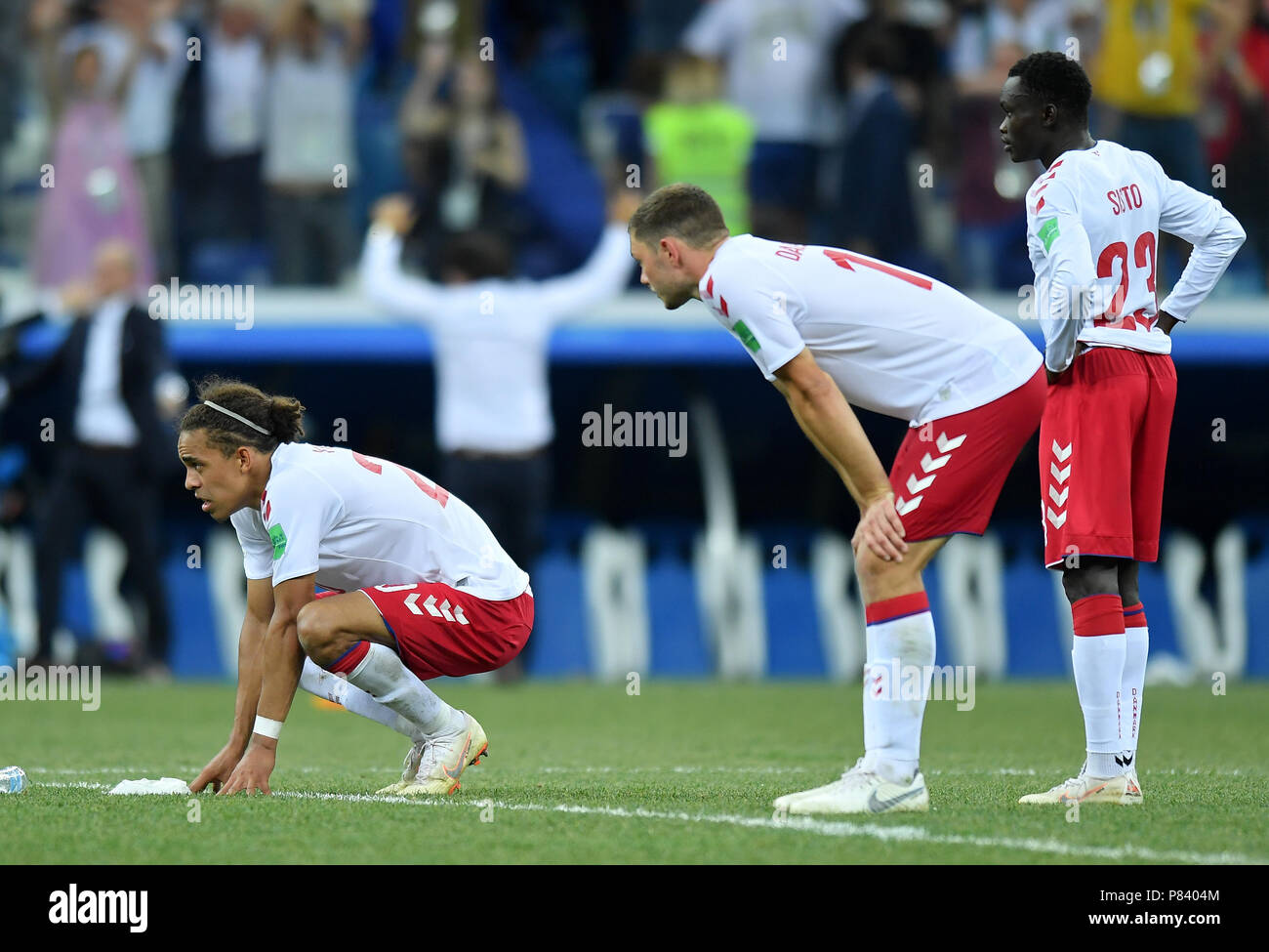 NIZHNY NOVGOROD, RUSSIA - JULY 01: Yussuf Yurary Poulsen of Denmark and Pione Sisto of Denmark are disappointed after the 2018 FIFA World Cup Russia Round of 16 match between Croatia and Denmark at Nizhny Novgorod Stadium on July 1, 2018 in Nizhny Novgorod, Russia. (Photo by Lukasz Laskowski/PressFocus/MB Media) Stock Photo