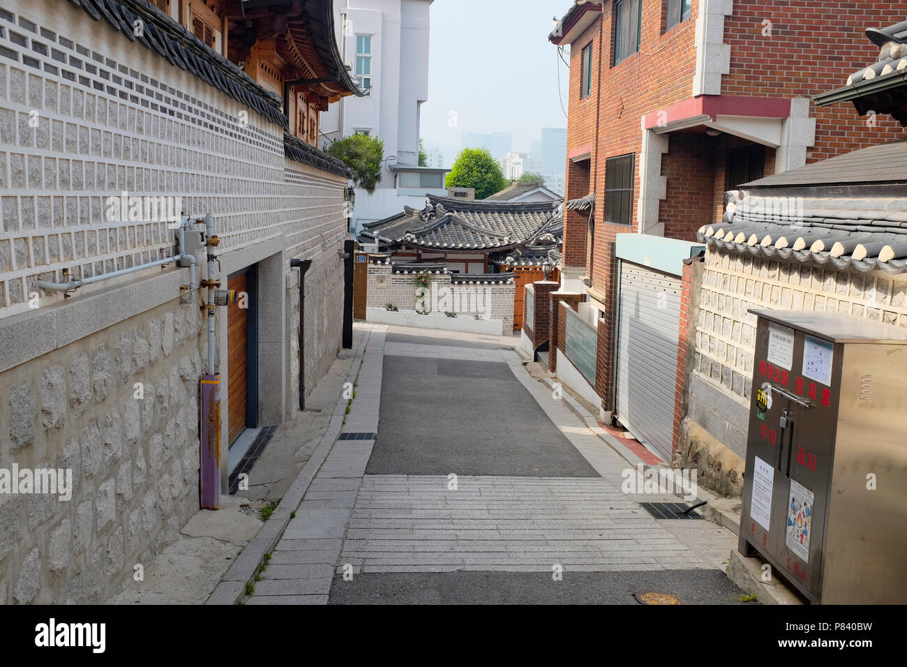 Traditional Korean style houses and architecture at Bukchon Hanok Village in Seoul, South Korea