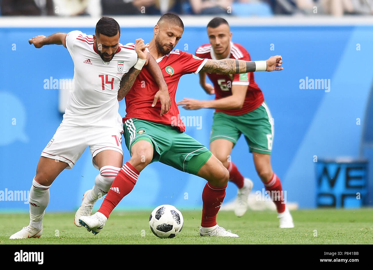 SAINT PETERSBURG, RUSSIA - JUNE 15: Saman Ghoddos of IR Iran competes with Manuel Da Costa of Morocco during the 2018 FIFA World Cup Russia group B match between Morocco and Iran at Saint Petersburg Stadium on June 15, 2018 in Saint Petersburg, Russia. (Photo by Lukasz Laskowski/PressFocus/MB Media) Stock Photo