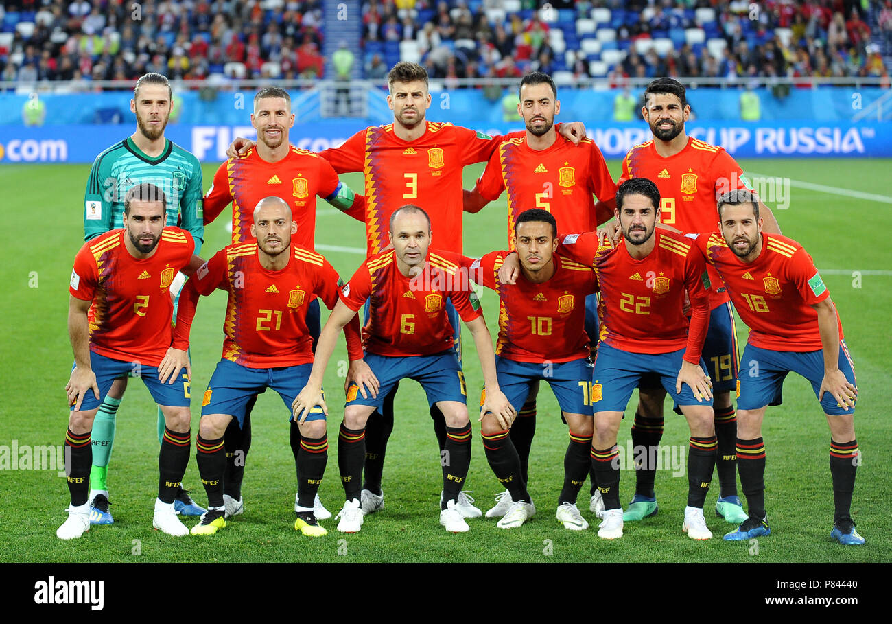KALININGRAD, RUSSIA - JUNE 25: Team Photo David De Gea of Spain Sergio Ramos of Spain Gerard Pique of Spain Sergio Busquets of Spain Diego Costa of Spain Dani Carvajal of Spain David Silva of Spain Andres Iniesta of Spain Thiago of Spain Isco of Spain Jordi Alba of Spain during the 2018 FIFA World Cup Russia group B match between Spain and Morocco at Kaliningrad Stadium on June 25, 2018 in Kaliningrad, Russia. (Photo by Norbert Barczyk/PressFocus/MB Media) Stock Photo
