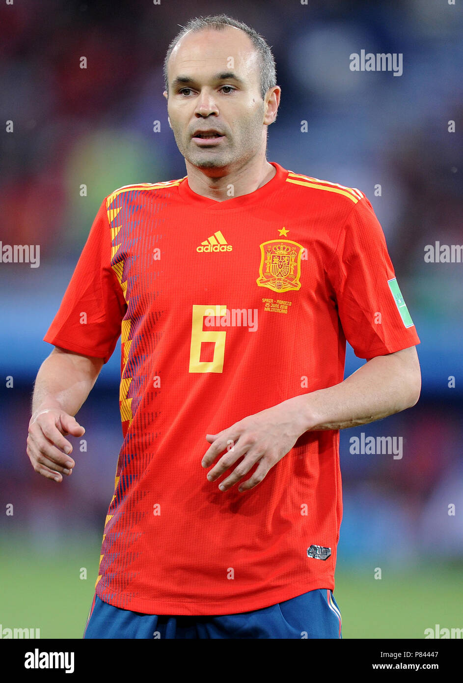 KALININGRAD, RUSSIA - JUNE 25: Andres Iniesta of Spain looks on during the 2018 FIFA World Cup Russia group B match between Spain and Morocco at Kaliningrad Stadium on June 25, 2018 in Kaliningrad, Russia. (Photo by Norbert Barczyk/PressFocus/MB Media) Stock Photo