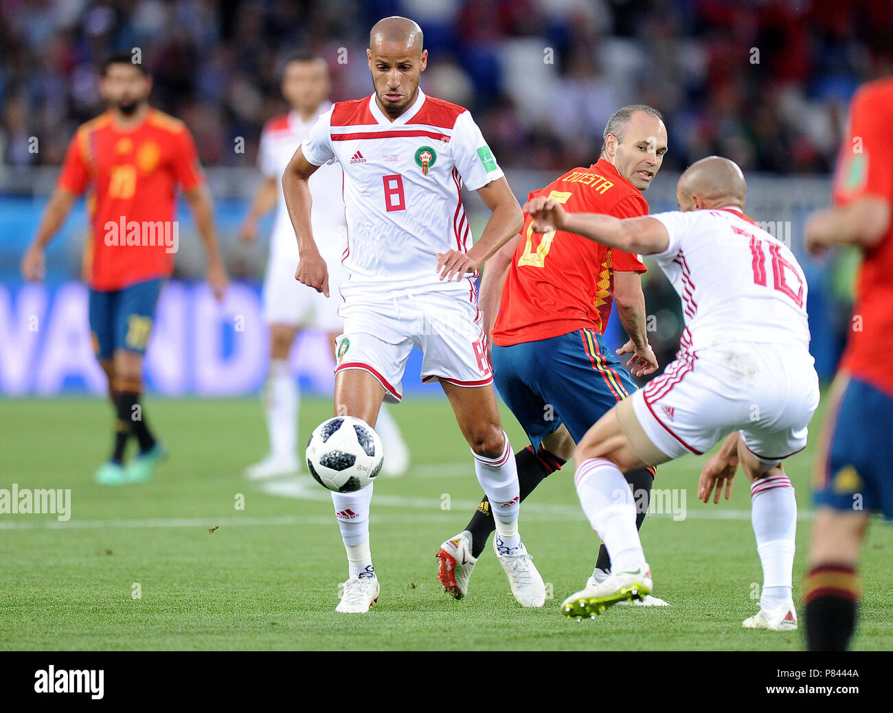KALININGRAD, RUSSIA - JUNE 25: Andres Iniesta of Spain competes with Karim El Ahmadi of Morocco during the 2018 FIFA World Cup Russia group B match between Spain and Morocco at Kaliningrad Stadium on June 25, 2018 in Kaliningrad, Russia. (Photo by Norbert Barczyk/PressFocus/MB Media) Stock Photo
