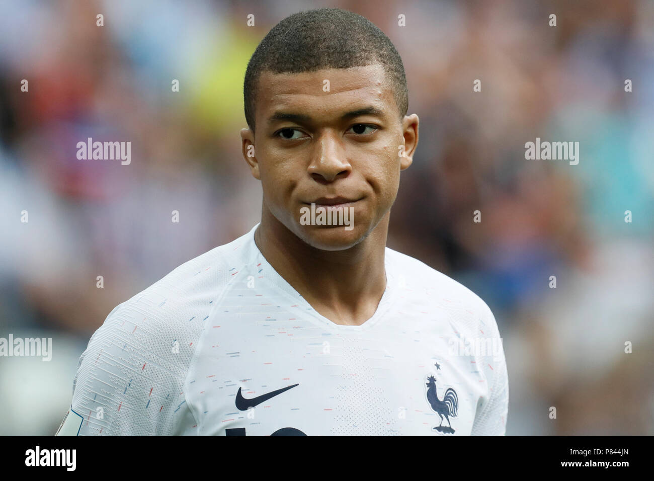NIZHNY NOVGOROD, RUSSIA - JULY 6: Kylian Mbappe of France national team during the 2018 FIFA World Cup Russia Quarter Final match between Uruguay and France at Nizhny Novgorod Stadium on July 6, 2018 in Nizhny Novgorod, Russia. (MB Media) Stock Photo