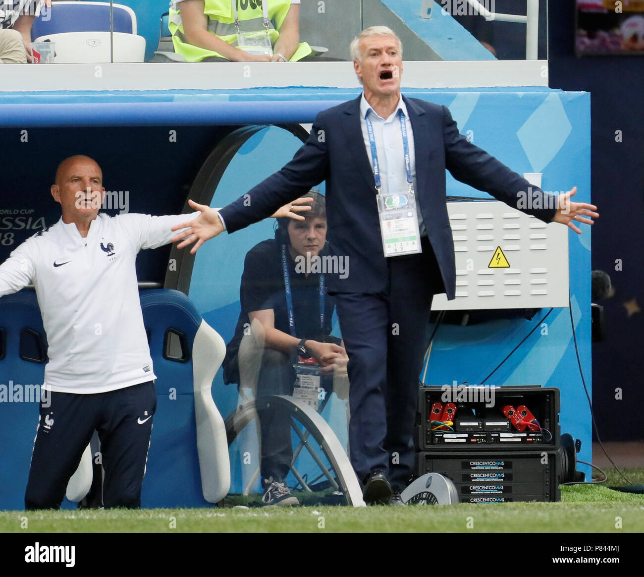 NIZHNY NOVGOROD, RUSSIA - JULY 6: France national team head coach Didier Deschamps (R) reacts during the 2018 FIFA World Cup Russia Quarter Final match between Uruguay and France at Nizhny Novgorod Stadium on July 6, 2018 in Nizhny Novgorod, Russia. (MB Media) Stock Photo