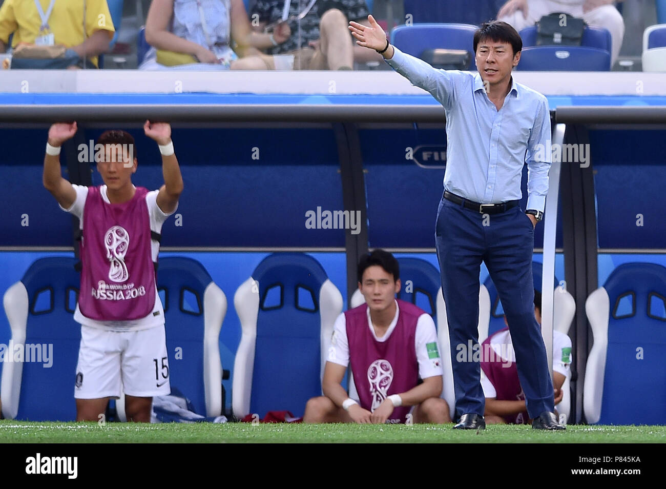 NIZHNIY NOVGOROD, RUSSIA - JUNE 18: Shin Tae-yong, Manager of Korea Republic reacts during the 2018 FIFA World Cup Russia group F match between Sweden and Korea Republic at Nizhniy Novgorod Stadium on June 18, 2018 in Nizhniy Novgorod, Russia. (Photo by Lukasz Laskowski/PressFocus/MB Media) Stock Photo