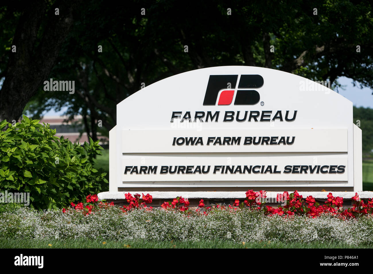 A logo sign outside of the headquarters of the Iowa Farm Bureau Federation in West Des Moines, Iowa, on June 30, 2018. Stock Photo