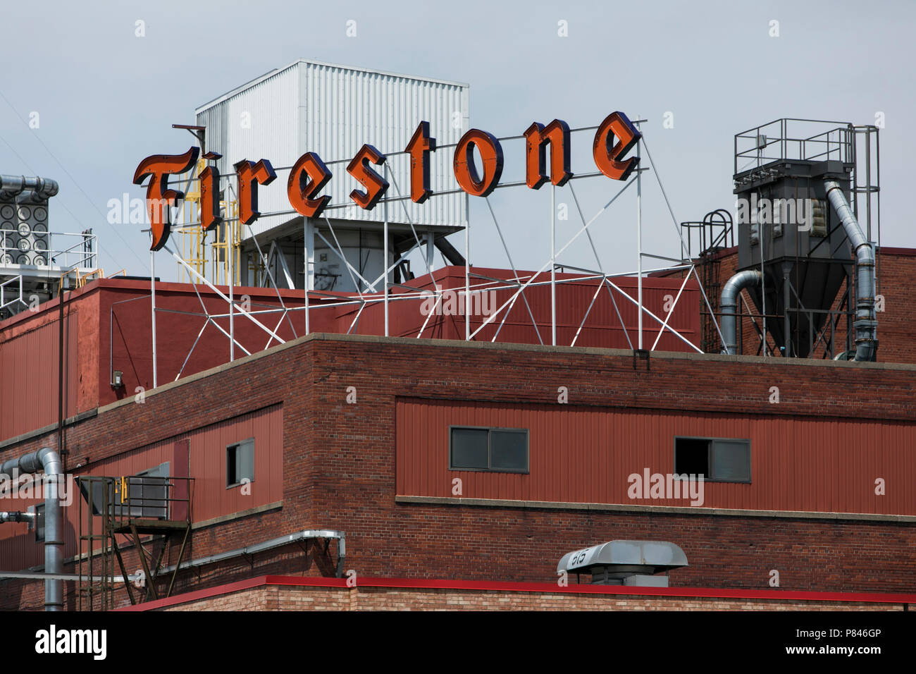 A logo sign outside of the Bridgestone Firestone agricultural tire plant in Des Moines, Iowa, on June 30, 2018. Stock Photo