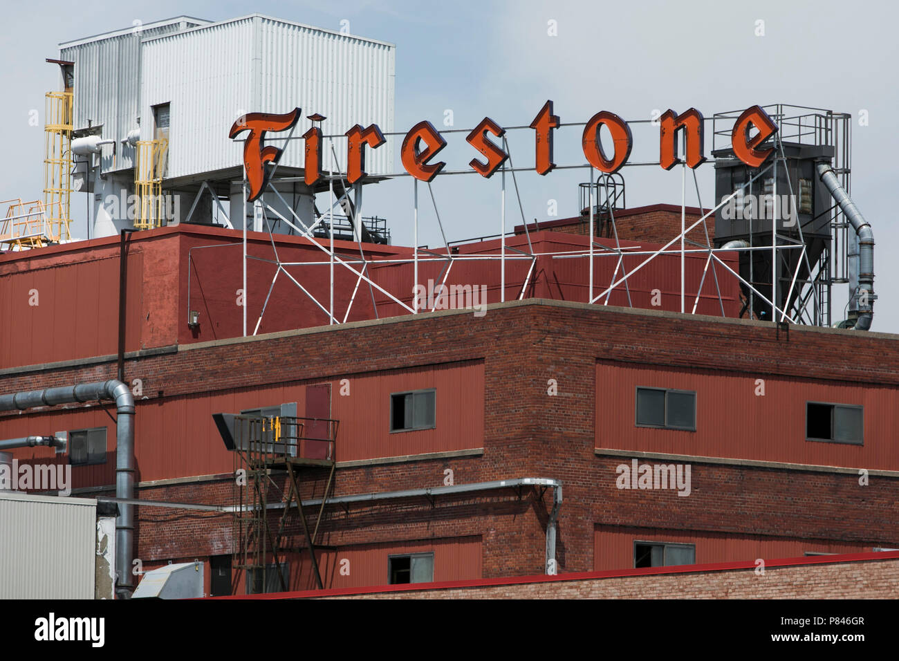 A logo sign outside of the Bridgestone Firestone agricultural tire plant in Des Moines, Iowa, on June 30, 2018. Stock Photo
