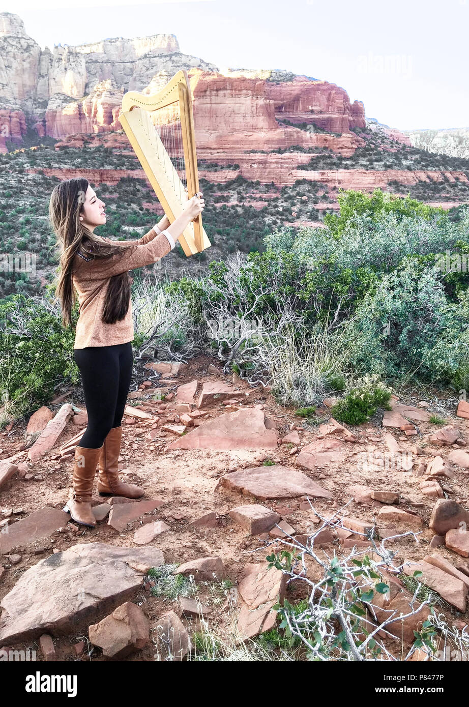 Aeolian Wind Harp raised to the breeze in mystical, red rock desert in Sedona, Arizona. A