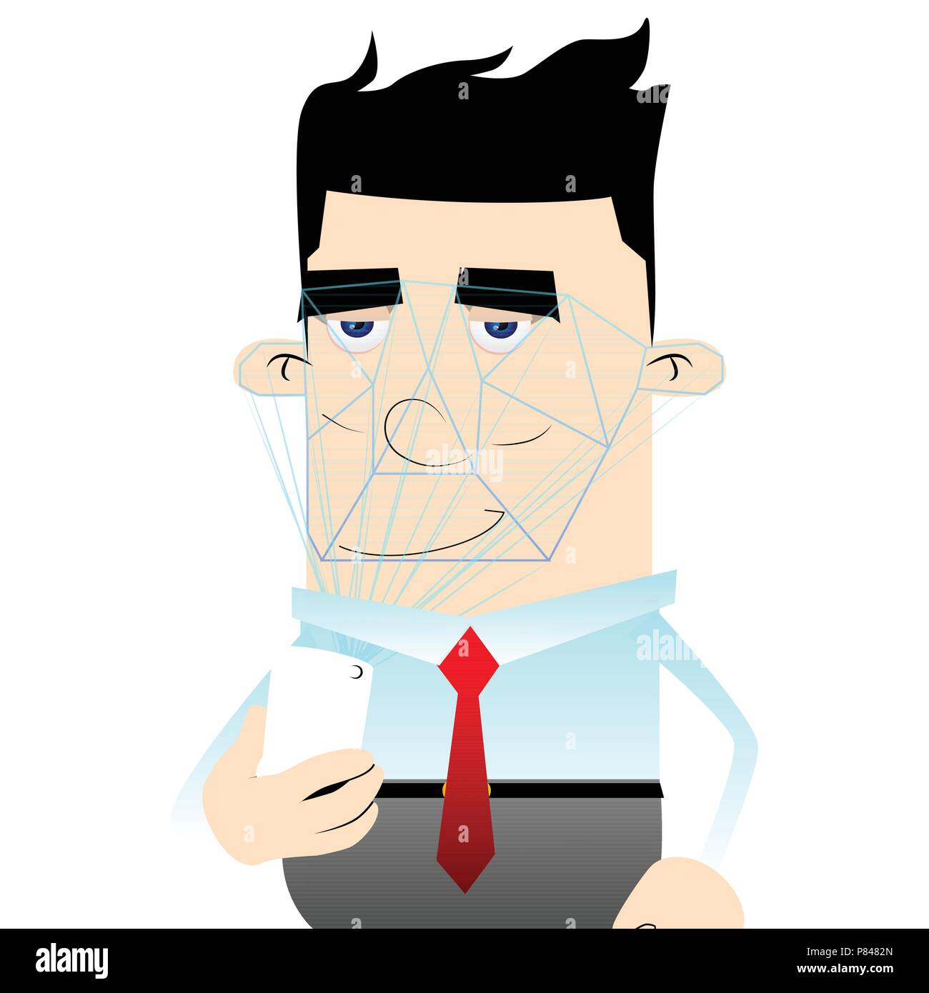 Businessman using a new technology of face recognition. Vector cartoon