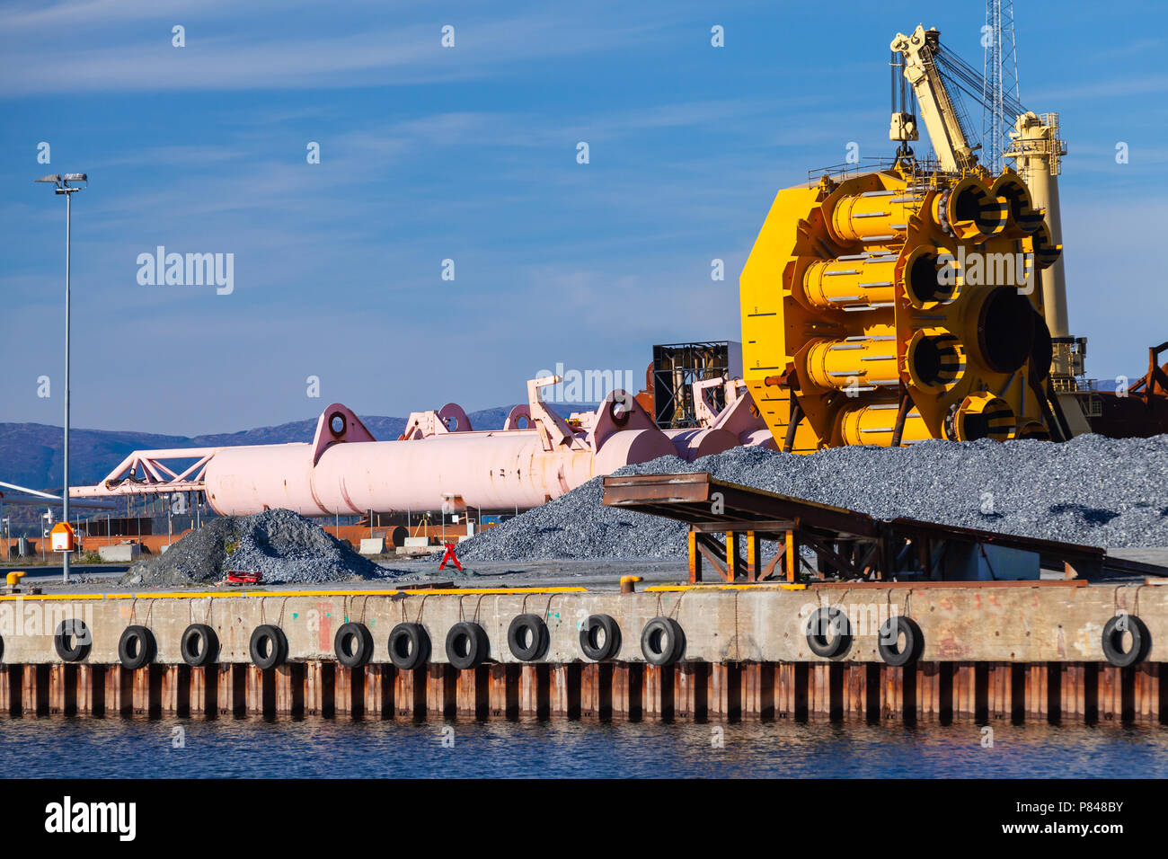 Parts of future production platform lay on the ground. Port of Verdal, Norway Stock Photo