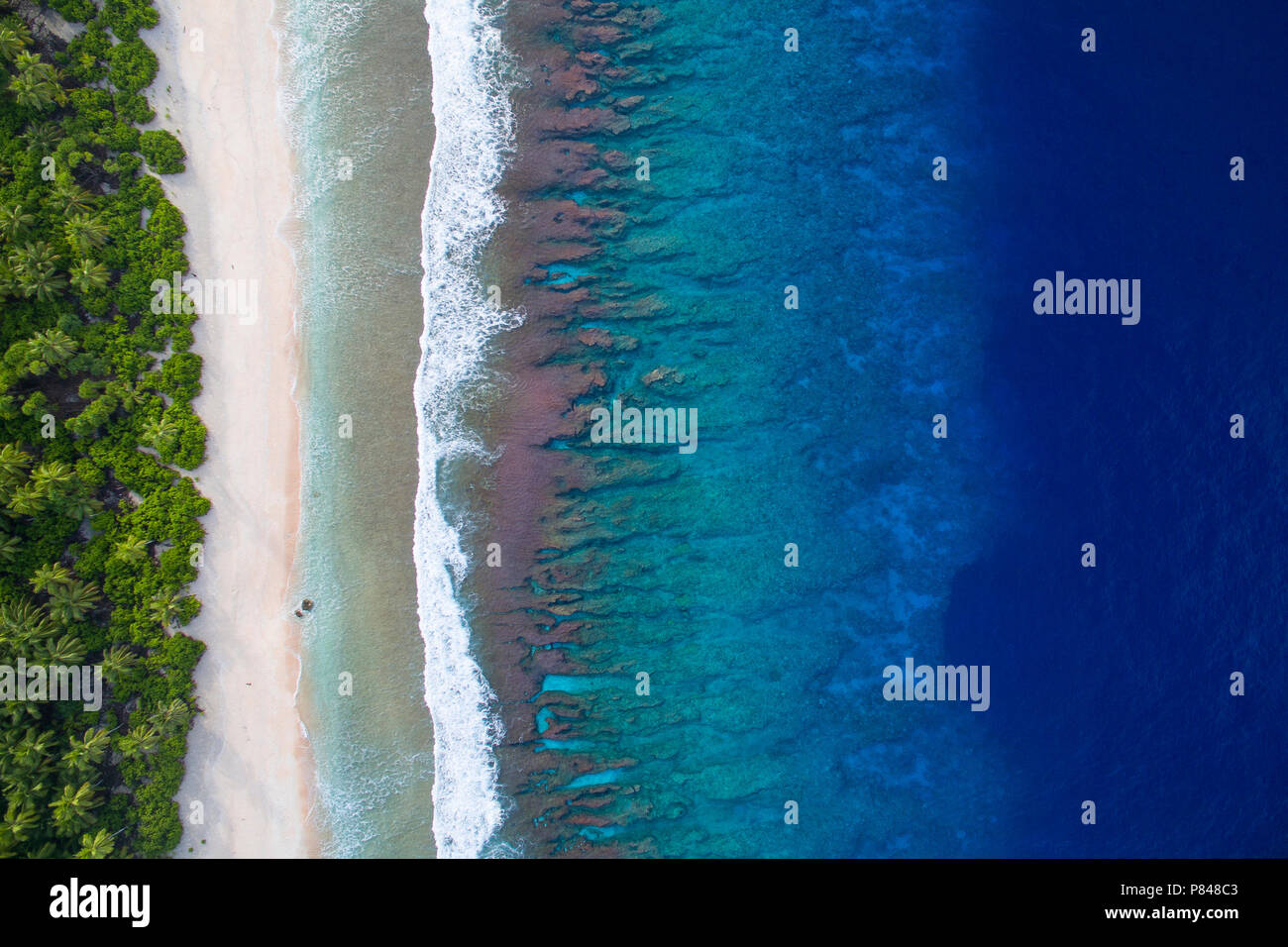 Aerial View of Manra Island, an uninhabited island in the Phoenix Islands, Kiribati. Stock Photo