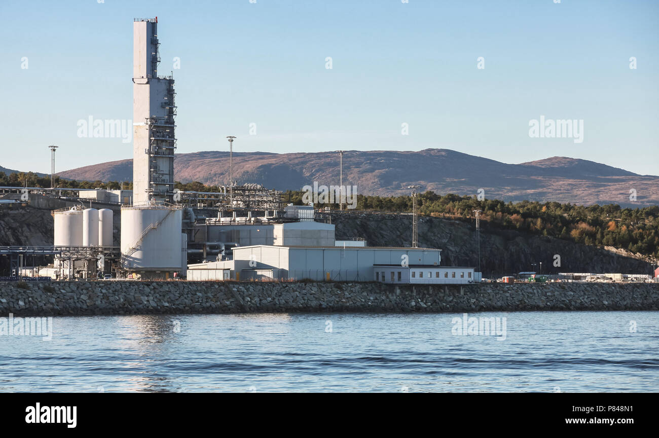 Norwegian oil plant, coastal industrial landscape with chimneys Stock Photo