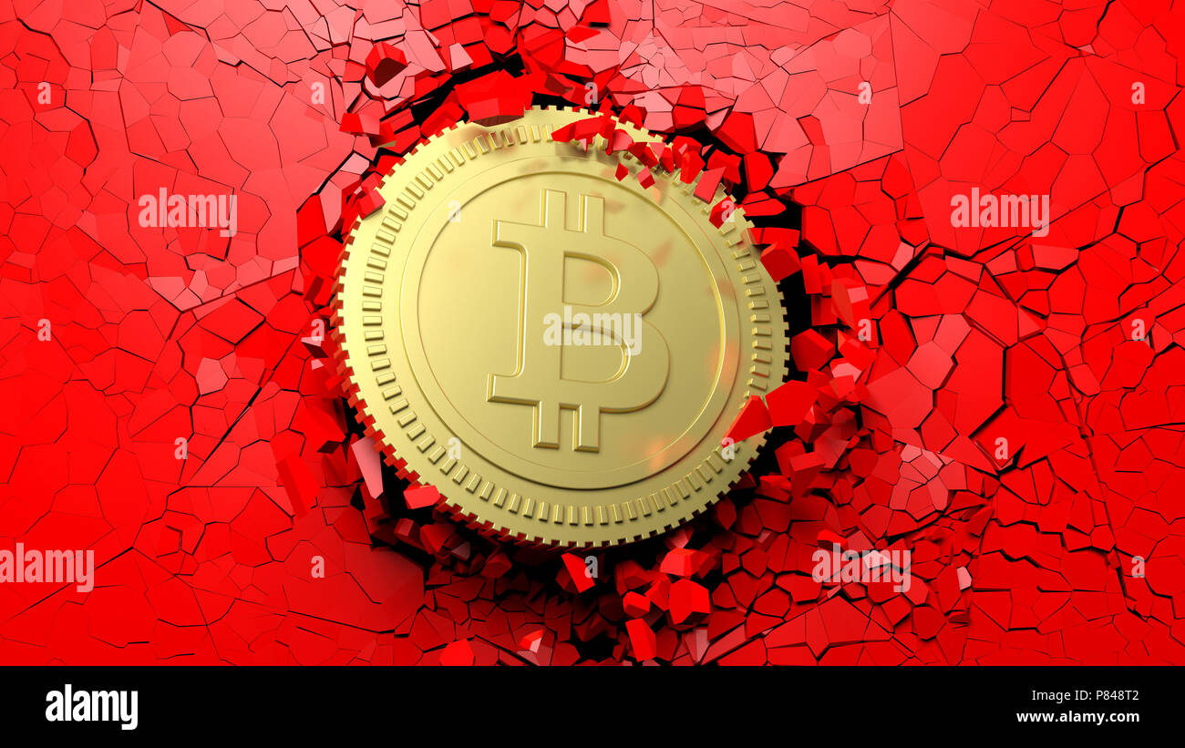 Cryptocurrency breakthrough concept. Bitcoin breaking with great force  through a red wall. 3d illustration Stock Photo - Alamy