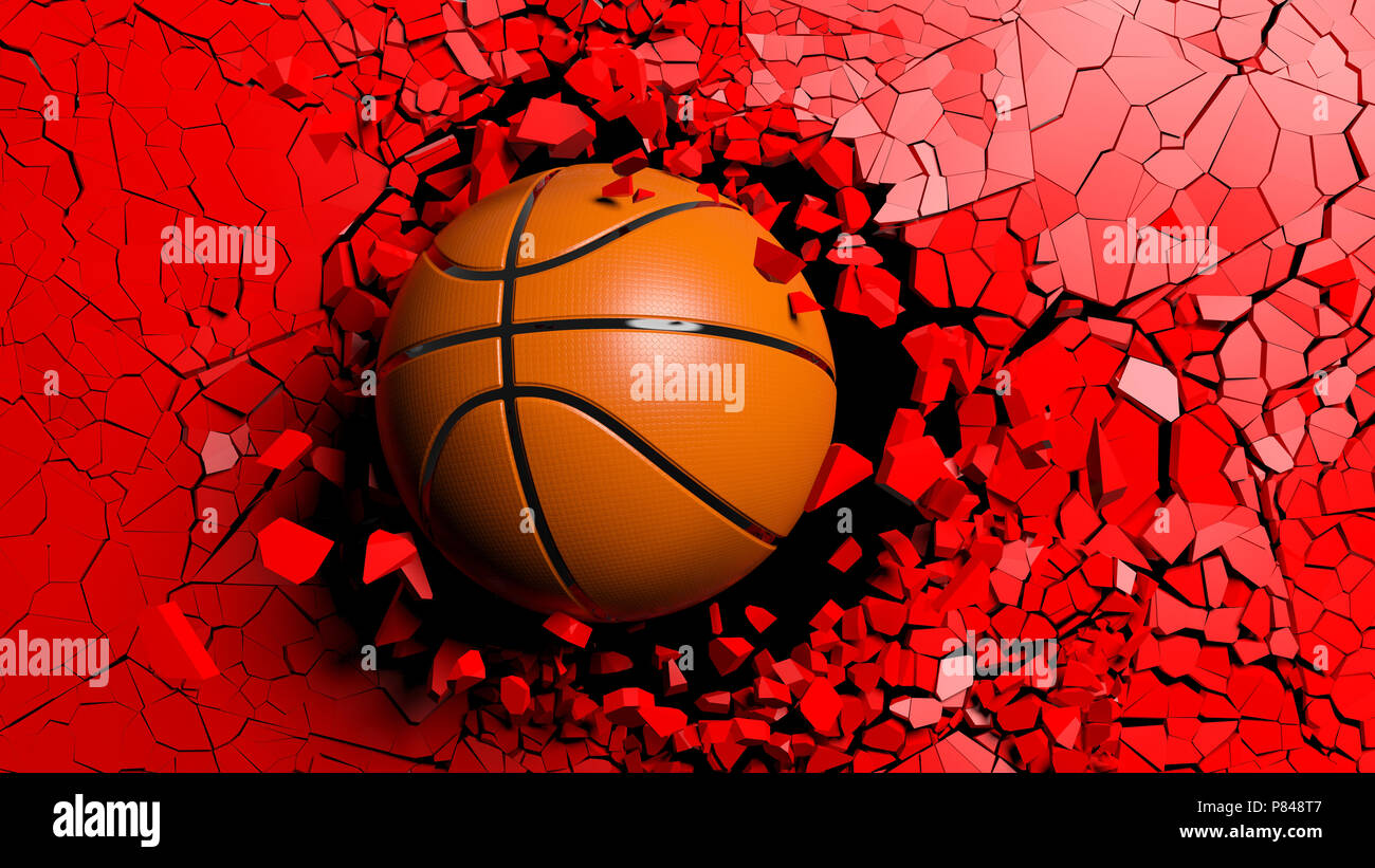 Download Sports Concept Basketball Ball Breaking With Great Force Through A Red Wall 3d Illustration Stock Photo Alamy