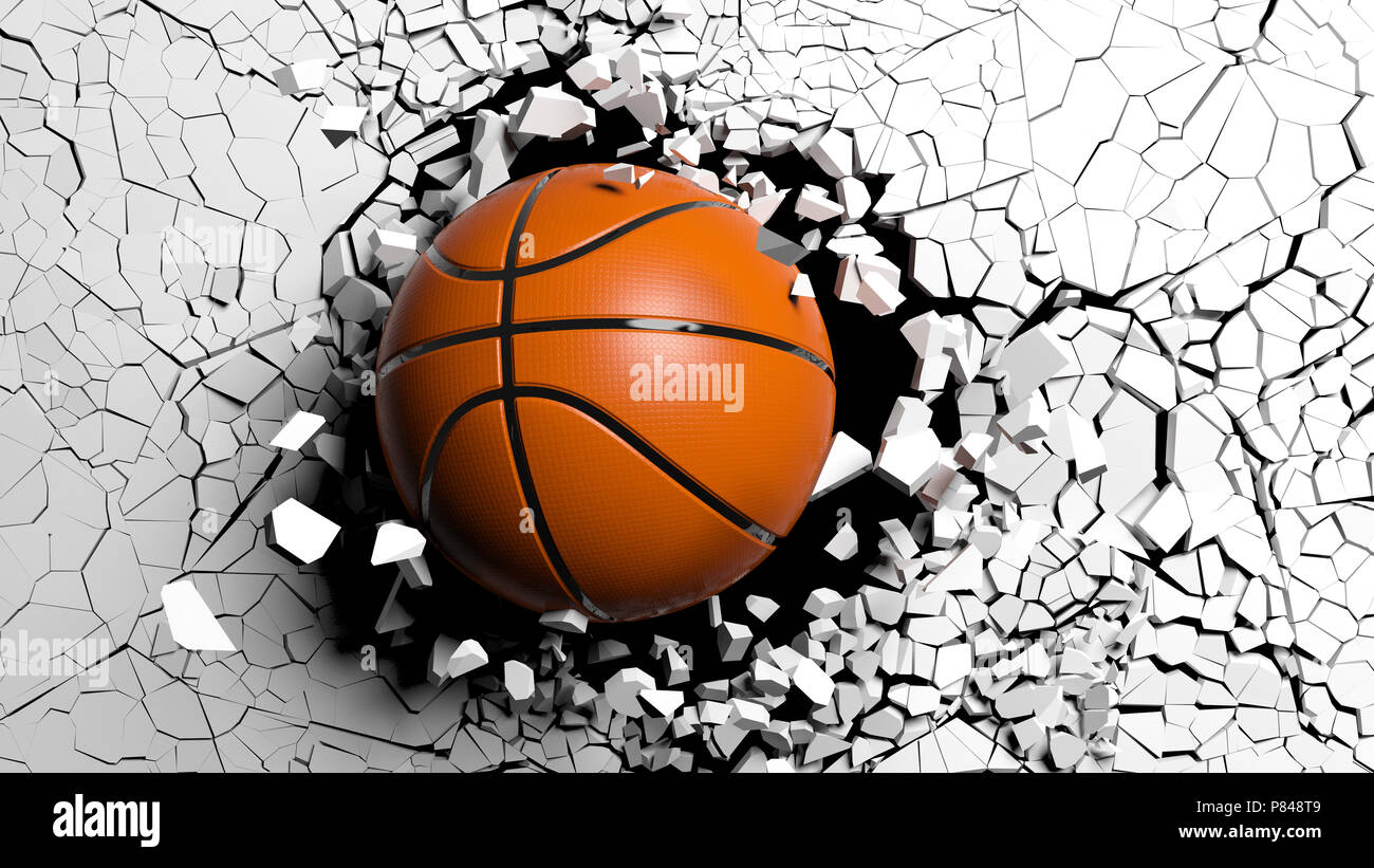 Download Sports Concept Basketball Ball Breaking With Great Force Through A White Wall 3d Illustration Stock Photo Alamy