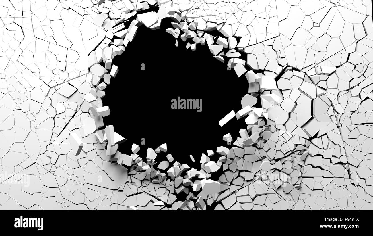 Shattered wall concept. Hole on a broken white wall blank space. 3d illustration Stock Photo