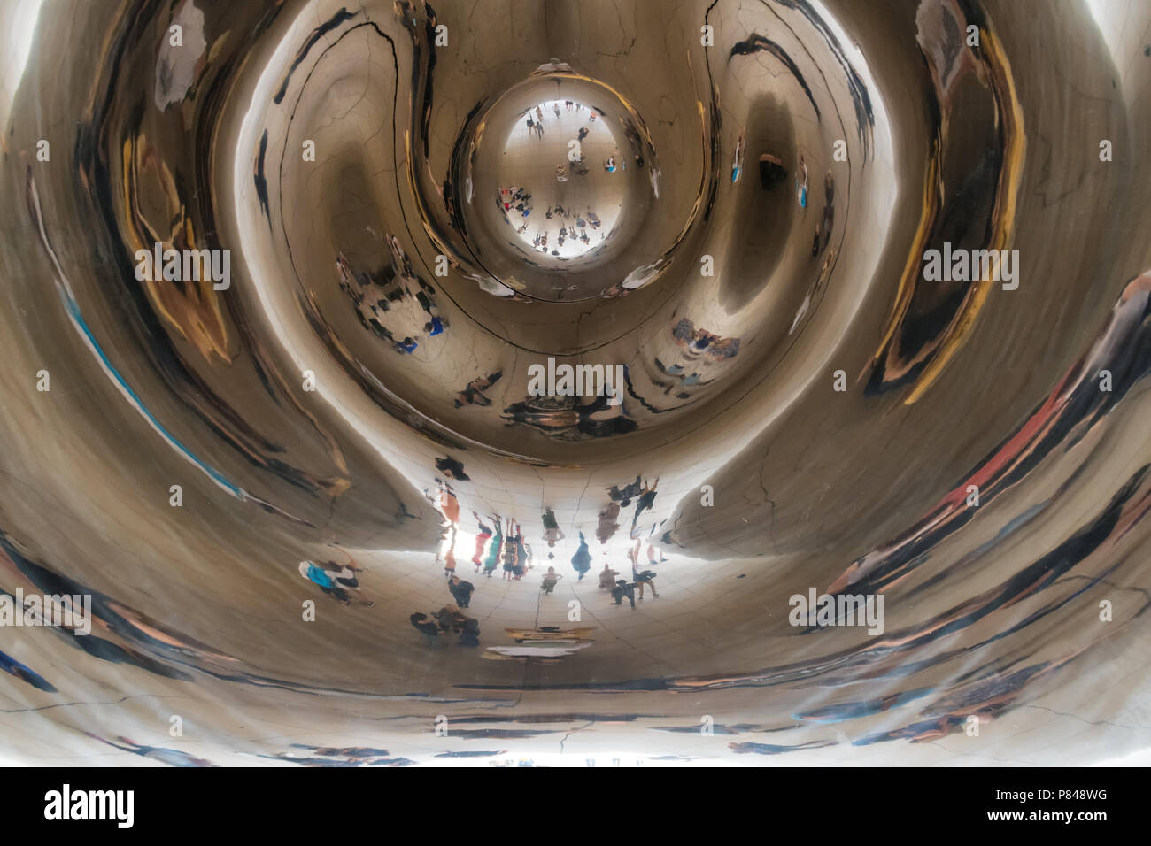 Reflections in the Cloud Gate, Chicago, Illinois. Stock Photo