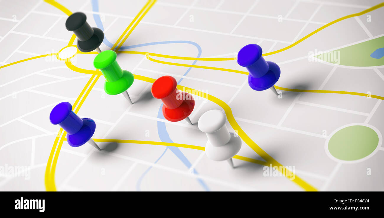 Scheduling route concept. Colorful push pins, on a map background. 3d illustration. Stock Photo