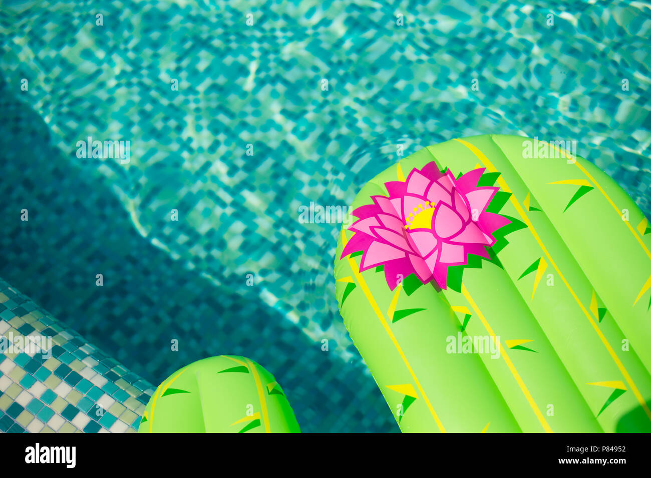 Colorful inflated cactus floating in a refreshing blue swimming pool Stock Photo