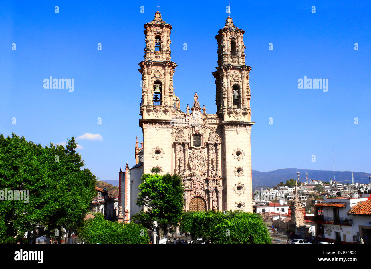 Facade of Santa Prisca Parish Church, Taxco de Alarcon city, state of Guerrero, Mexico Stock Photo