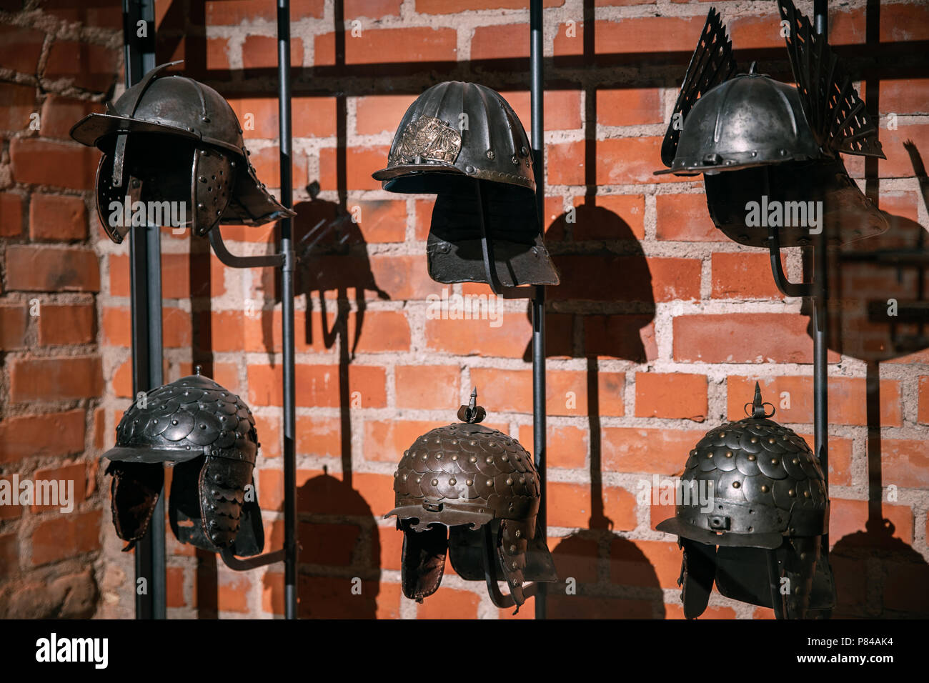 Different Ancient Medieval Helmets Of Knight Warriors Of Eastern Europe. Stock Photo