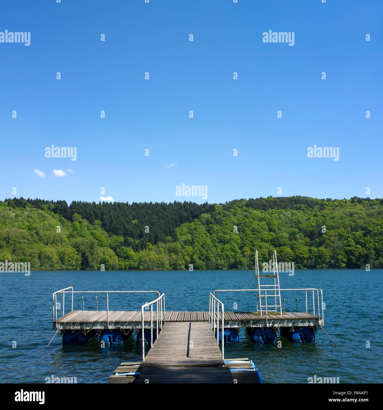 Swimming diving board and wooden pontoon at the edge of a lake surrounded the trees, Puy de Dome department, Auvergne, France Stock Photo