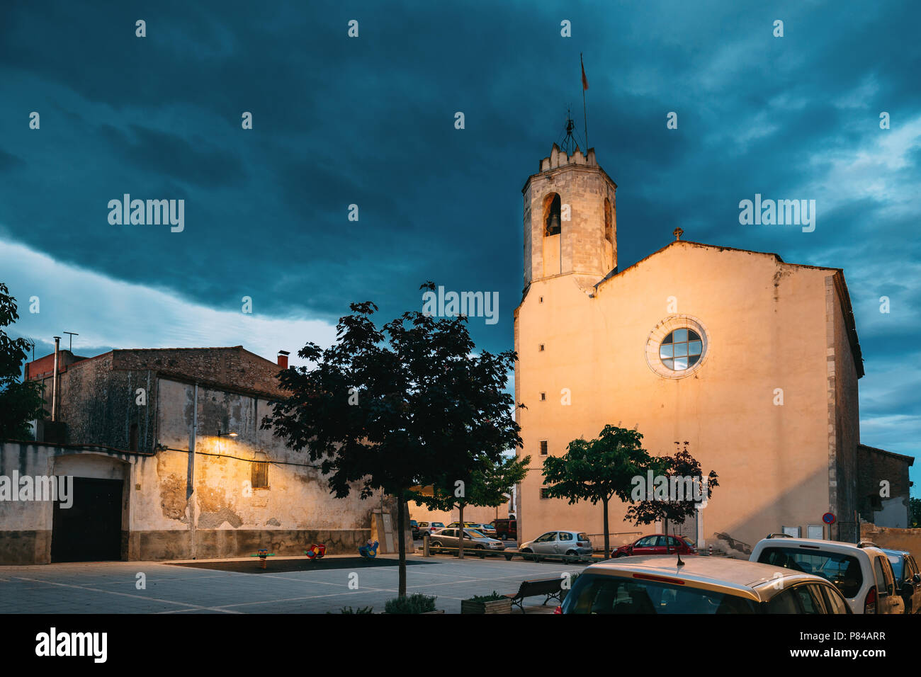 L'Armentera, Girona, Spain. Church Of Our Lady Of Armentera In Summer Evening Night Stock Photo
