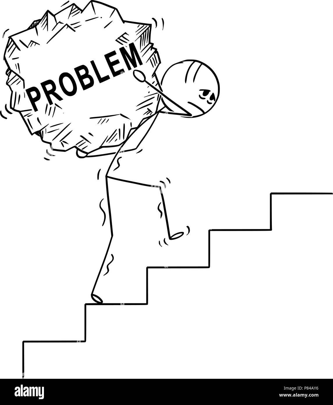 Cartoon of Man Carrying Upstairs Big Piece of Rock With Text Problem Stock Vector