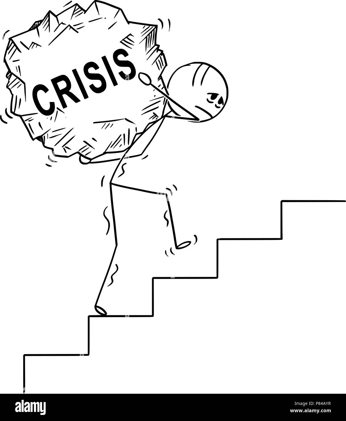 Cartoon of Man Carrying Upstairs Big Piece of Rock With Text Crisis Stock Vector