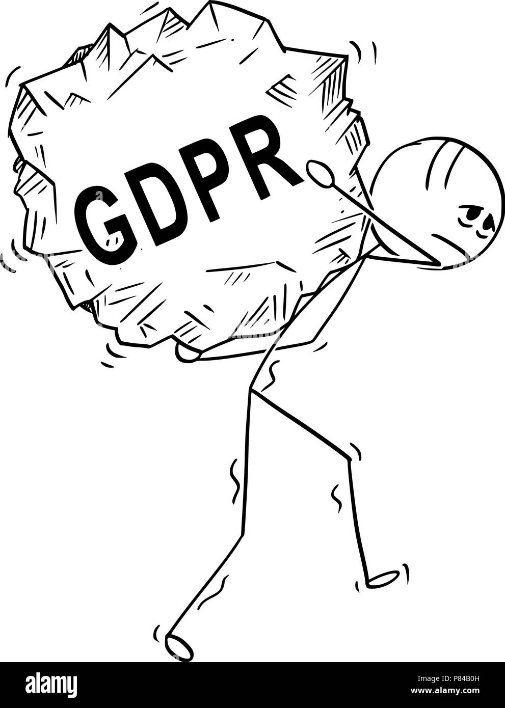 Cartoon of Man Carrying Big Piece of Rock With Text GDPR Stock Vector