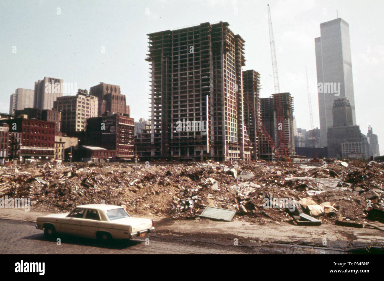 Construction on Lower Manhattan's West Side, Just North of the World Trade Center (Tall Building in Background) May 1973 New York City 1970s Stock Photo