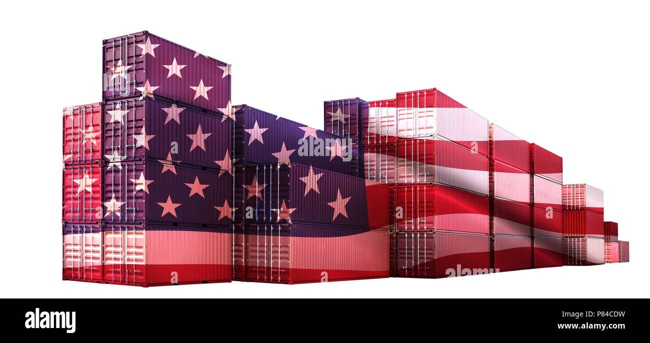 Trade war tariffs. American red Shipping Cargo ship business Container import and export company for Logistics and Transportation on White Background. Stock Photo