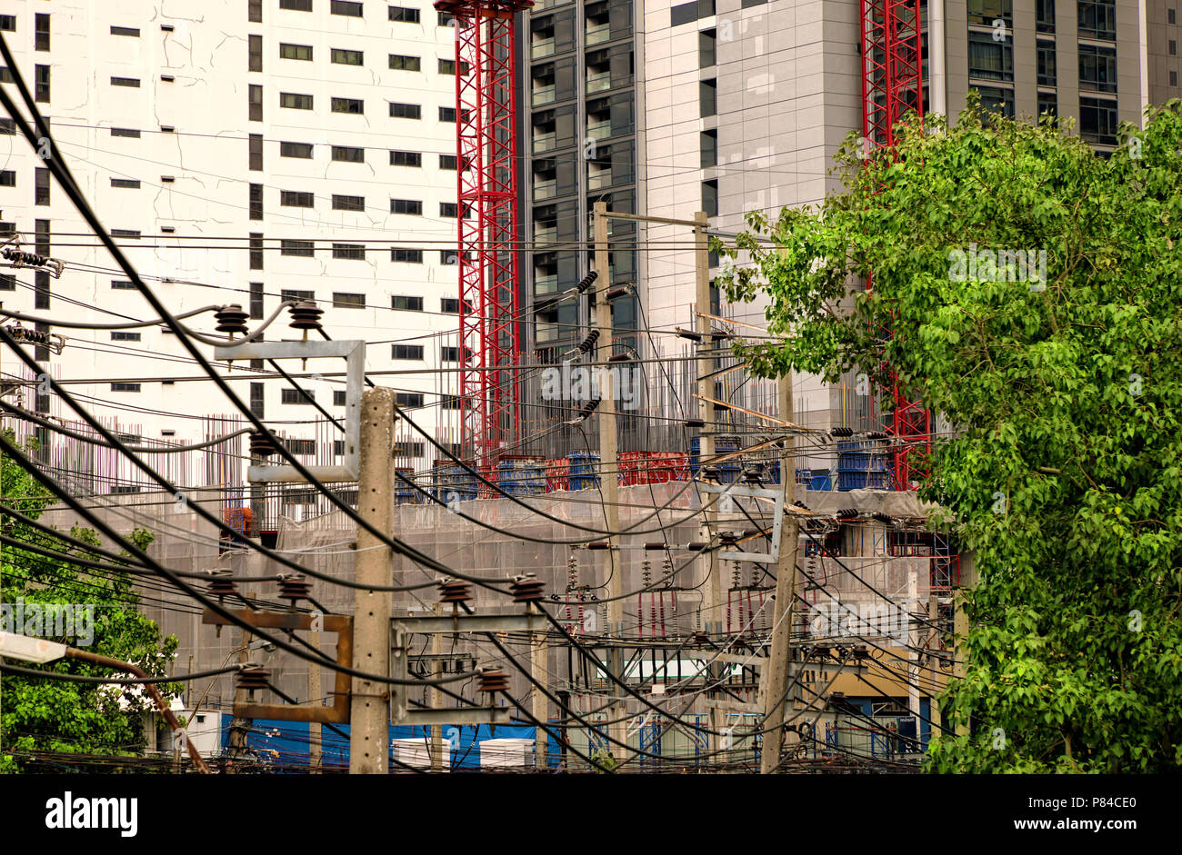 Close up shot of electricity power line in Bangkok, Thailand Stock Photo