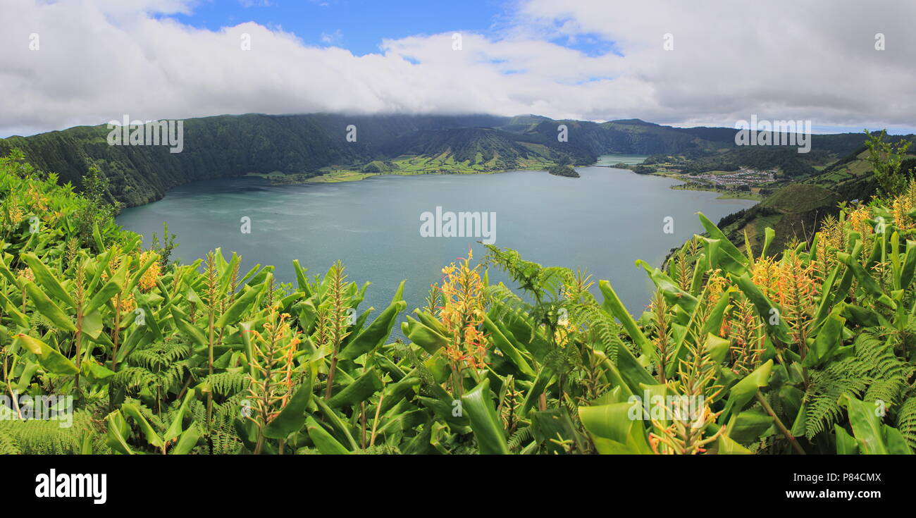 Panoramic view on Sete Cidades lakes on Sao Miguel, Azores with flowers in the foreground Stock Photo