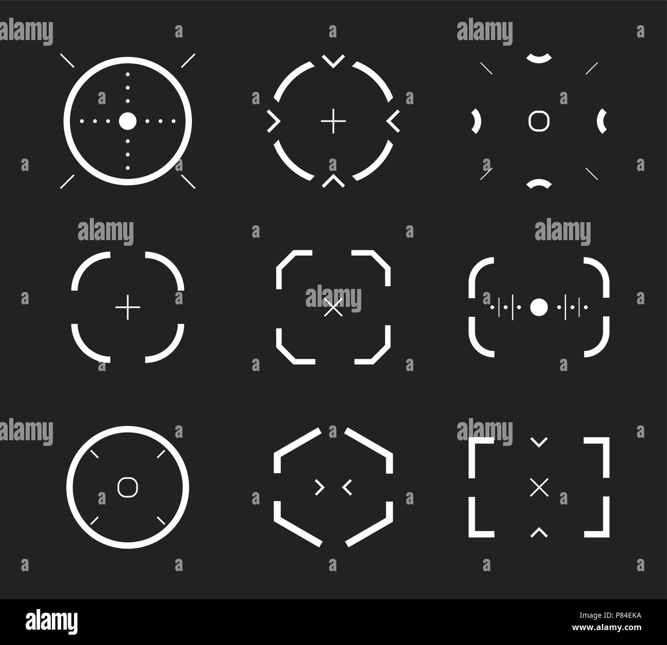 Sniper aim, bullseye, scope icons set, modern gamer collection. Shooting range, aim, target icon collection. Abstract design element, vector illustration on black background. Stock Vector