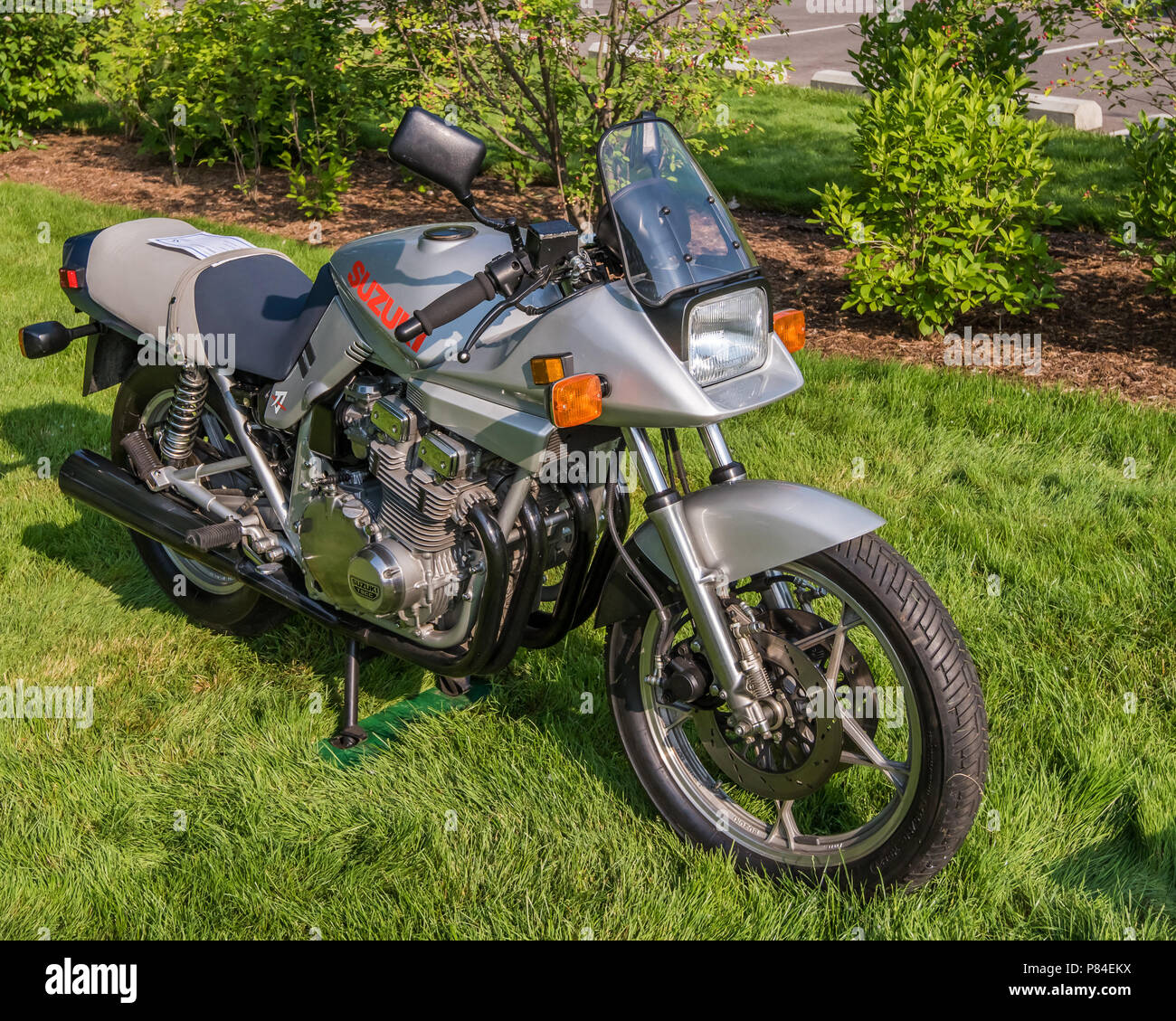 GROSSE POINTE SHORES, MI/USA - JUNE 17, 2018: A 1982 Suzuki Katana motorcycle at the EyesOn Design car show, held at the Edsel and Eleanor Ford House, Stock Photo