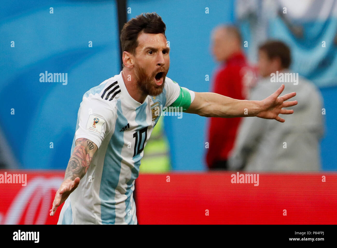 SAINT PETERSBURG, RUSSIA - JUNE 26: Lionel Messi of Argentina national team celebrates his goal during the 2018 FIFA World Cup Russia group D match between Nigeria and Argentina at Saint Petersburg Stadium on June 26, 2018 in Saint Petersburg, Russia. (MB Media) Stock Photo